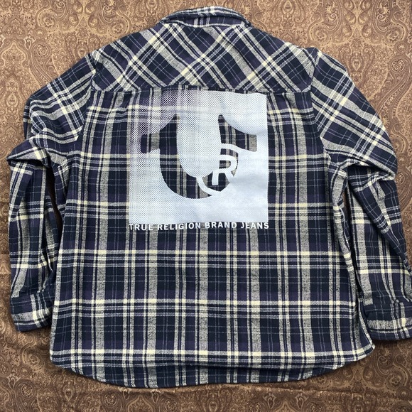 True Religion Flannel Shirt Mens 3XL Plaid Spell Out Logo Button Up Workwear - Picture 1 of 9